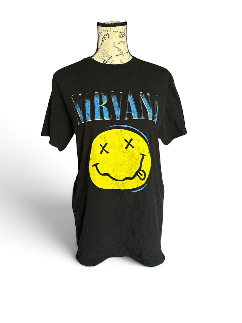NIRVANA Black Tee with Blue Logo and Yellow Smiley